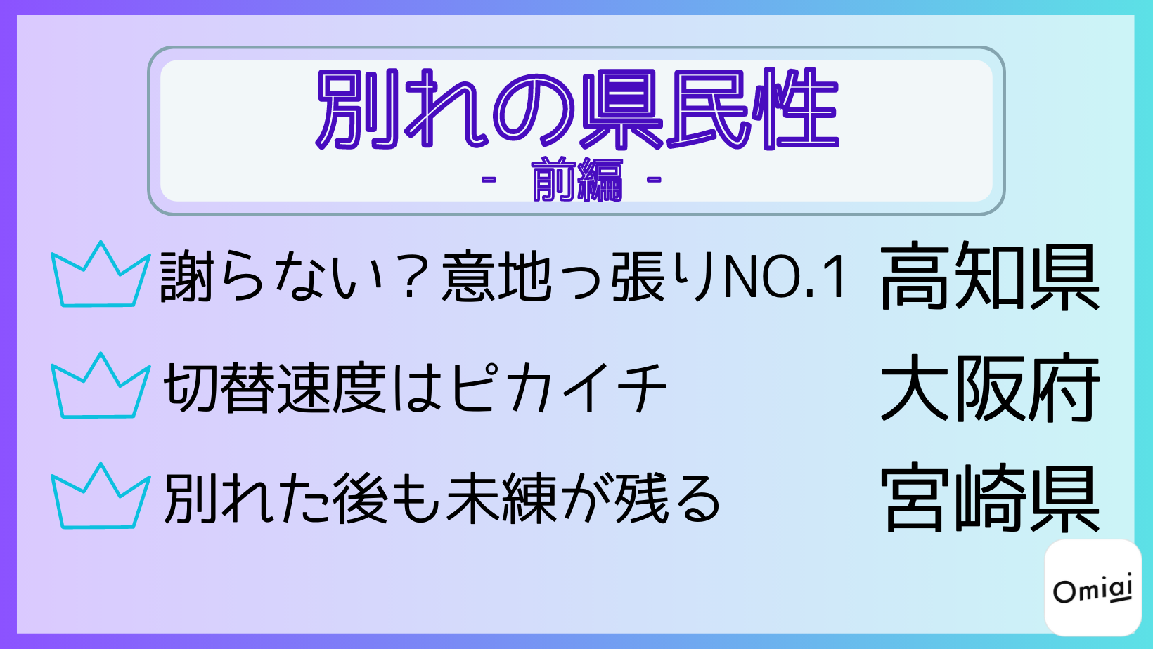 Omiai】Omiai Report light  『2023年最新版！別れの県民性（前編）』「出会い編」に続き、恋愛に関する県民性を“全国一斉”独自調査を敢行！  ～意地っ張りな「四国勢」／別れの切替早い「大阪府」、未練たらたら「宮崎県」～ | 株式会社エニトグループ（Enito Group, Inc.）